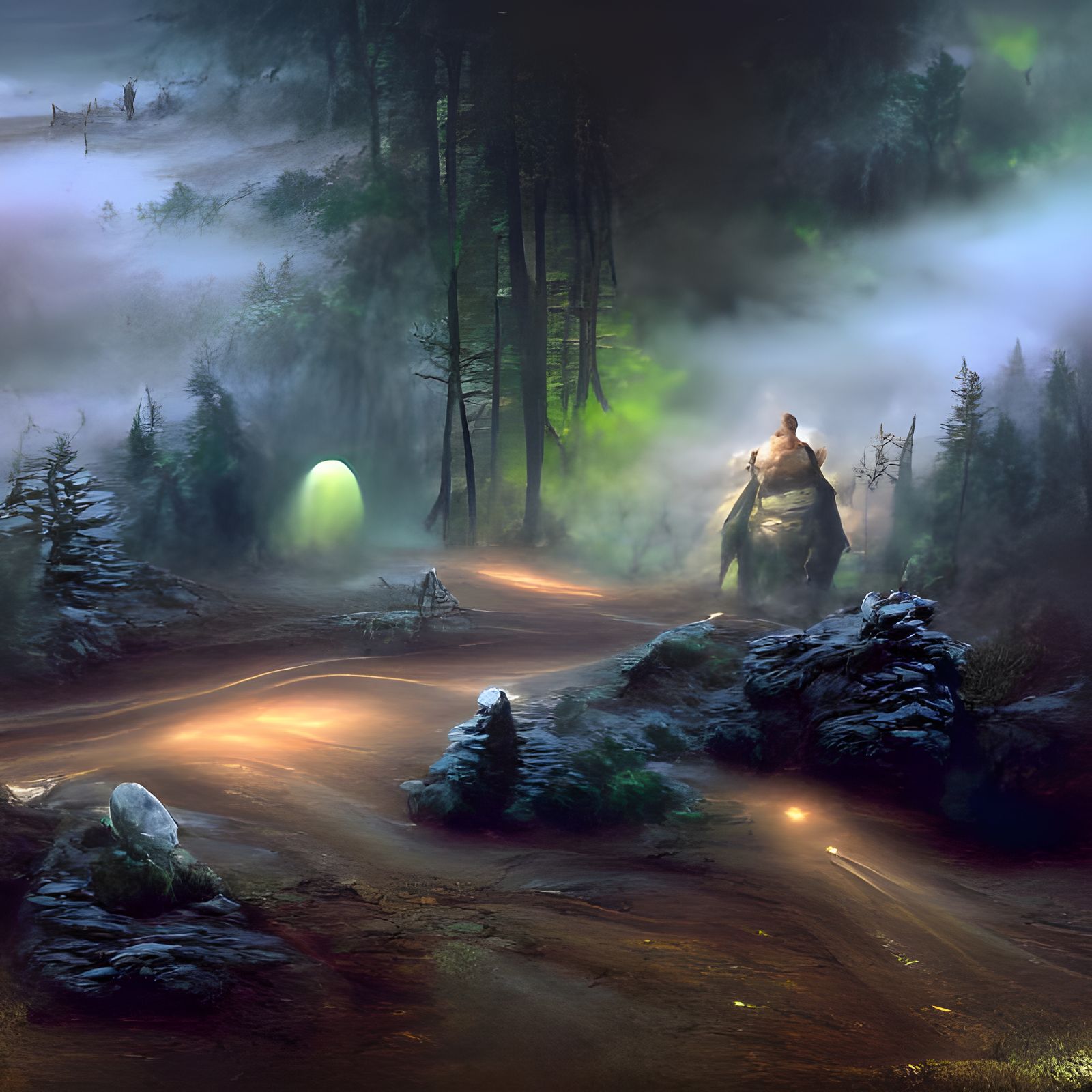 The ogre admires his glowing pearl on the lonely forest road in the fog.