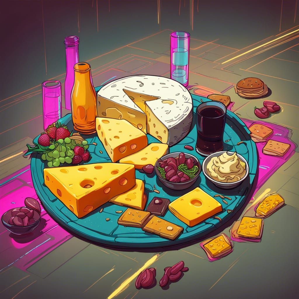 Cyberpunk Cheese Platter in Neon Cityscape