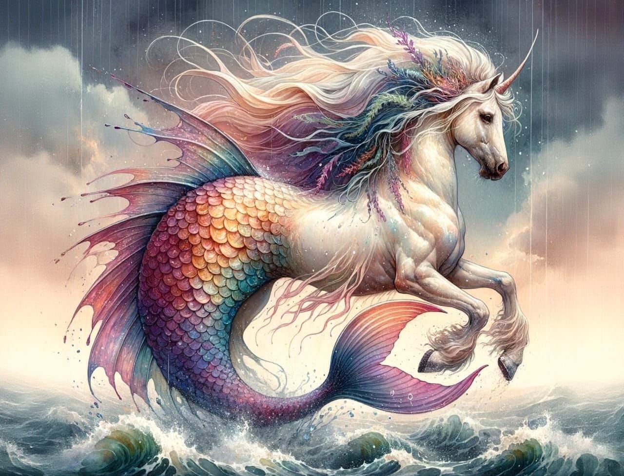 Ethereal Merhorse in Misty Watercolour Style