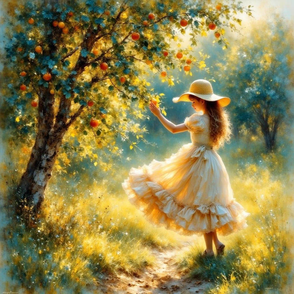 Country Girl Amidst Vibrant Orchard Blooms in Soft, Golden L...
