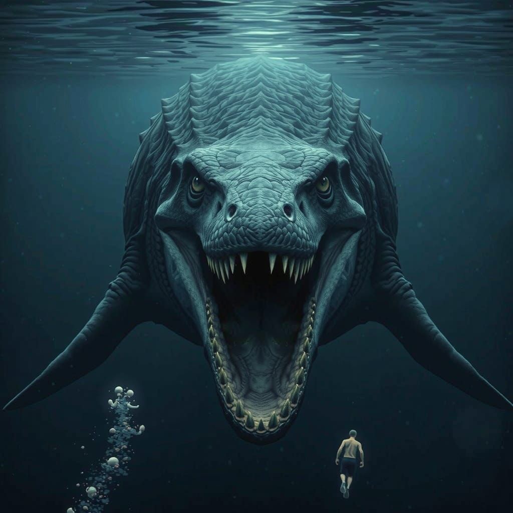 Realistic Horror Photograph of a Prehistoric Mosasaur Menaci...
