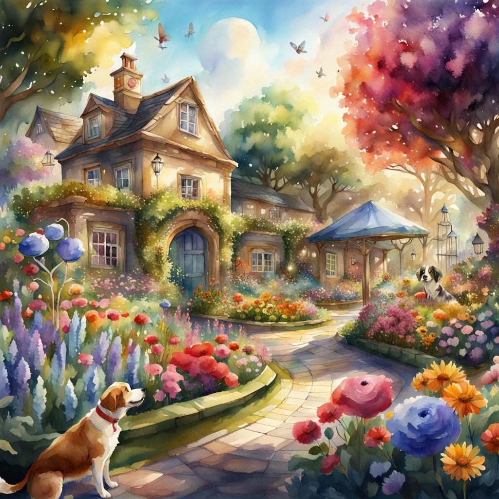 Blooming Garden Scene with Children and Animals