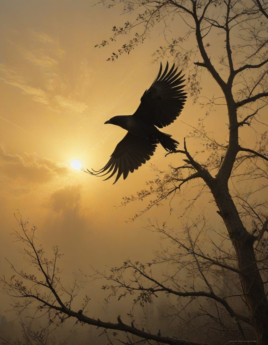 Majestic Crow Takes Flight in Golden Evening Light
