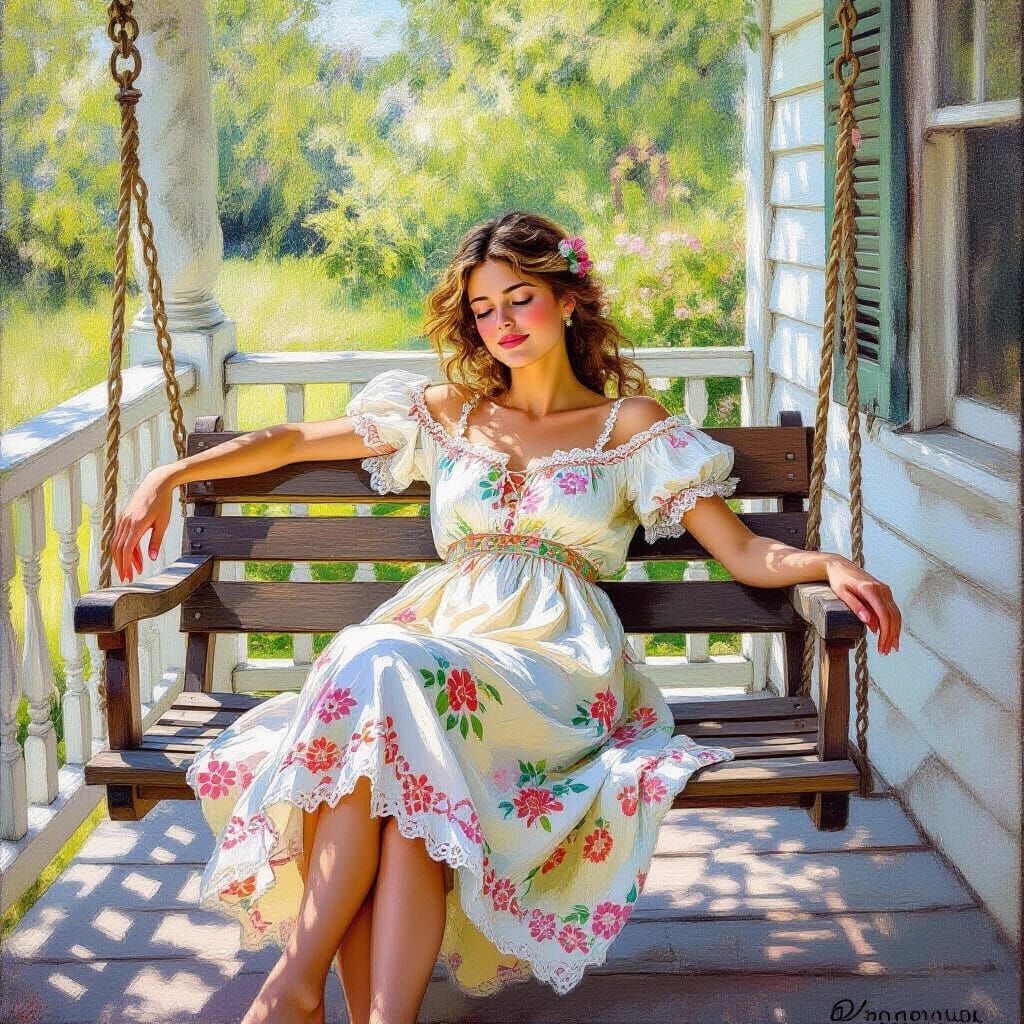 Icelandic Woman Relaxing on Porch Swing in Summer
