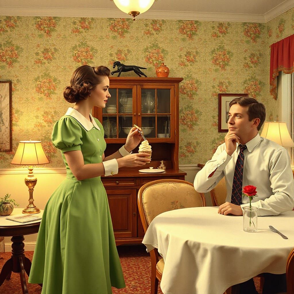 1950s Housewife Serving Ice Cream, Hyperdetailed Rendering