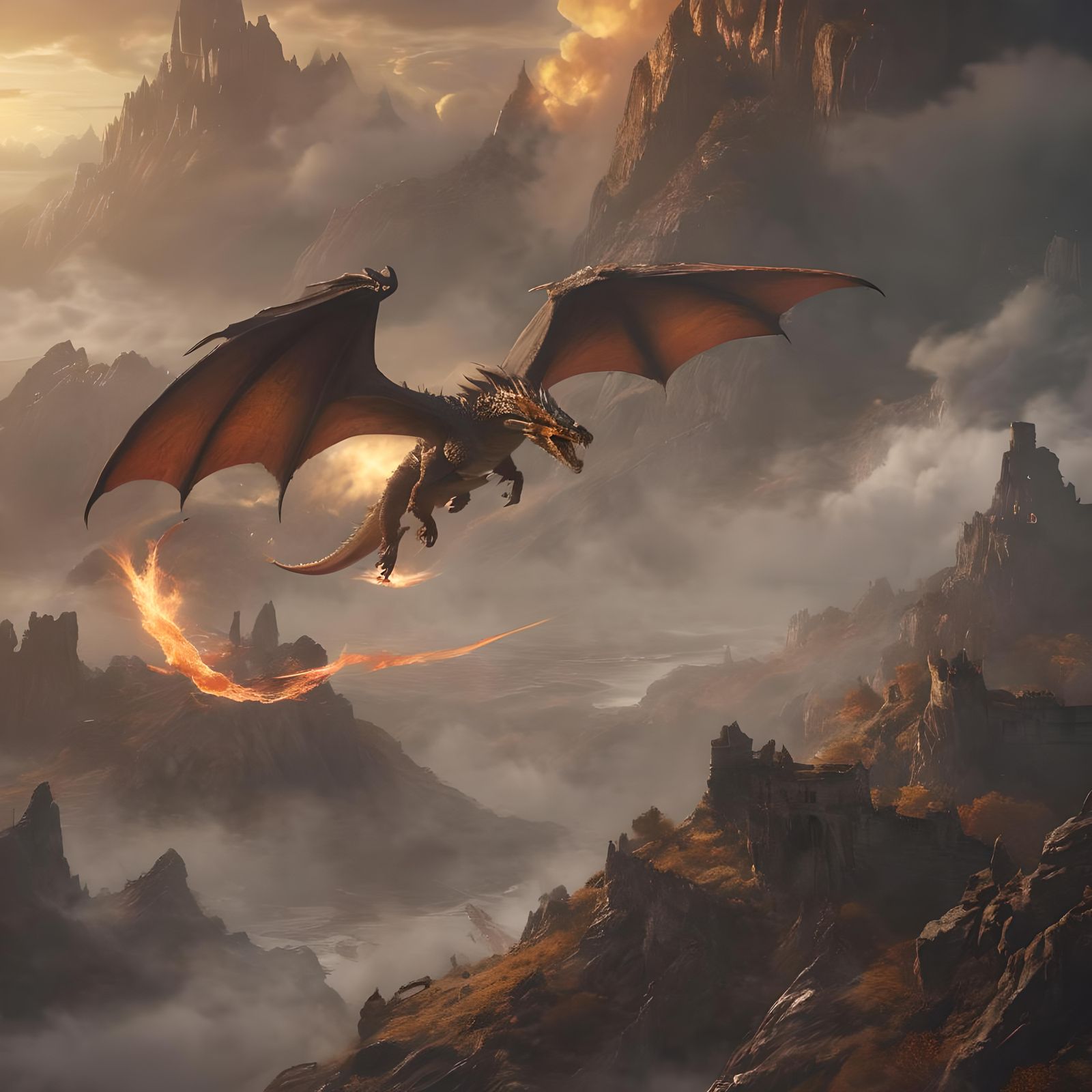 Dragon in Flight Breathing Fire in Detailed Matte Painting