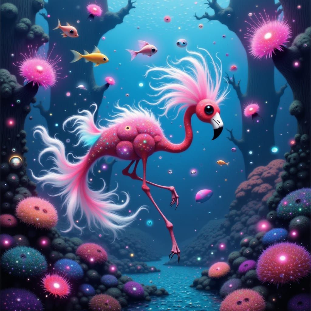 Flamingo-Fish Hybrid in Bioluminescent Aquarium
