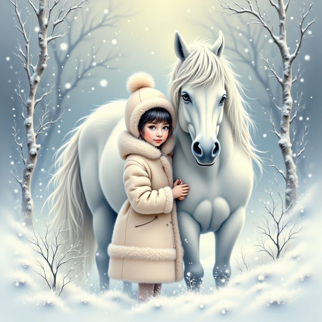 Young Girl and Gentle Horse in Winter Wonderland