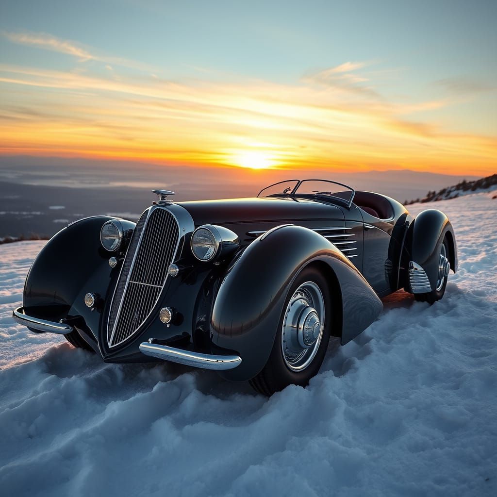 1936 Delahaye Teardrop Car in Snowy Sunset
