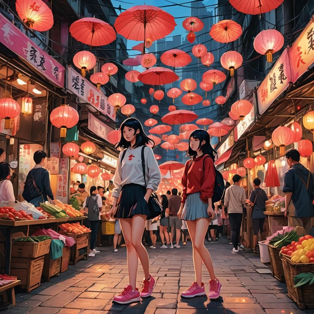 Anime Style Woman in Bustling Asian Market