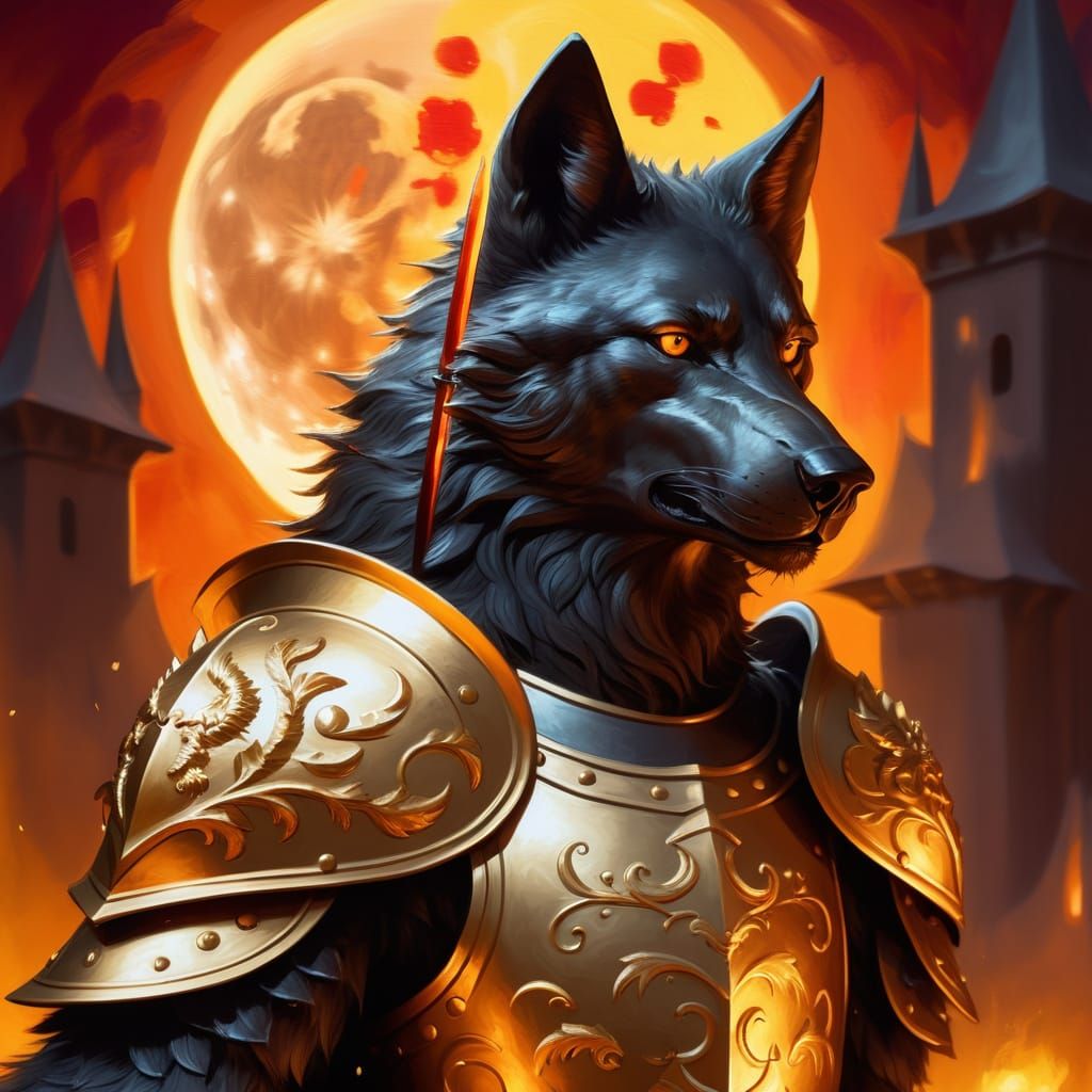 Armored Wolf Warrior with Fiery Sword in Oil Painting Style