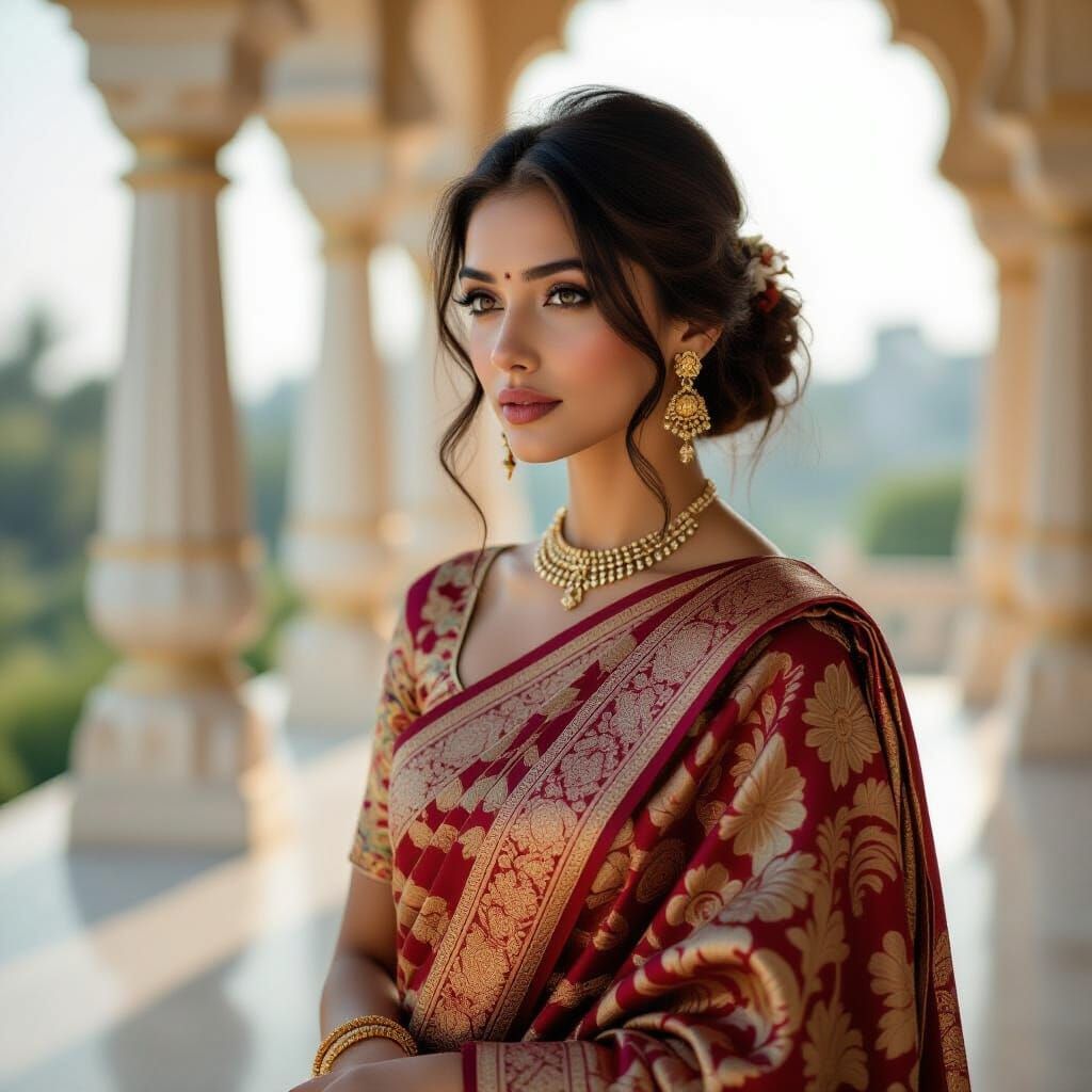Serene Woman in Silk Saree: Ultra-Realistic Portrait