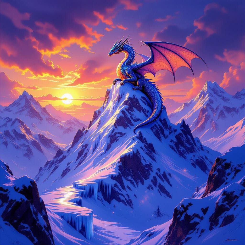 Crystal Dragon Over Snowy Peak at Sunset