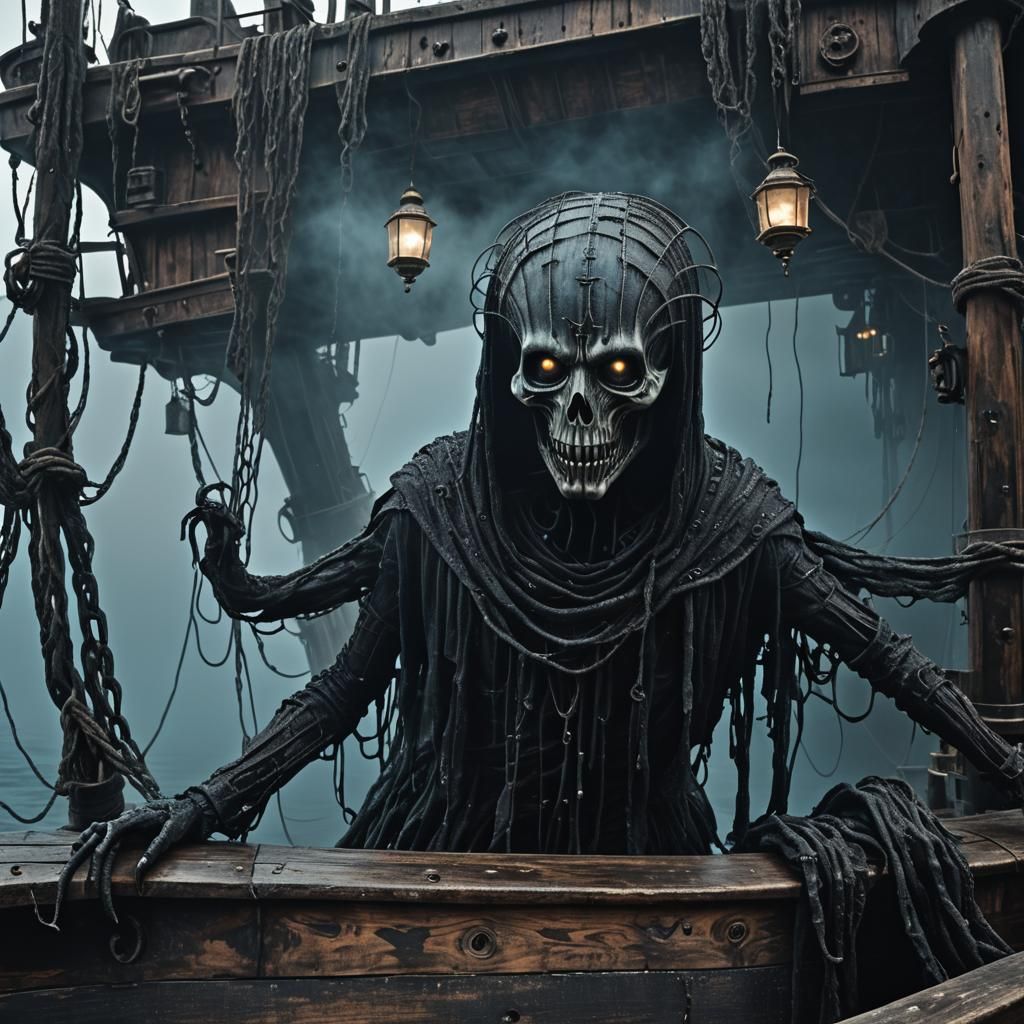 Eerie Ghost on Ship in Dark Expressionist Style