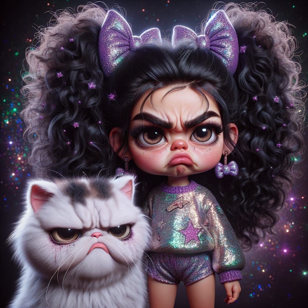 Glittery Girl with Grumpy Cat in Cosmic Caricature