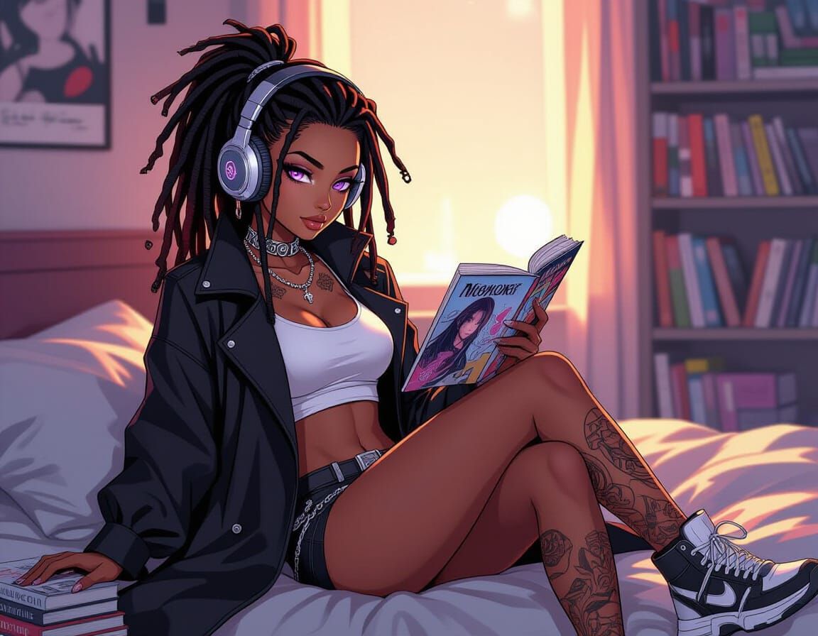 Cyberpunk Lyra Reading Manga in Bedroom, Cel-Shaded Style