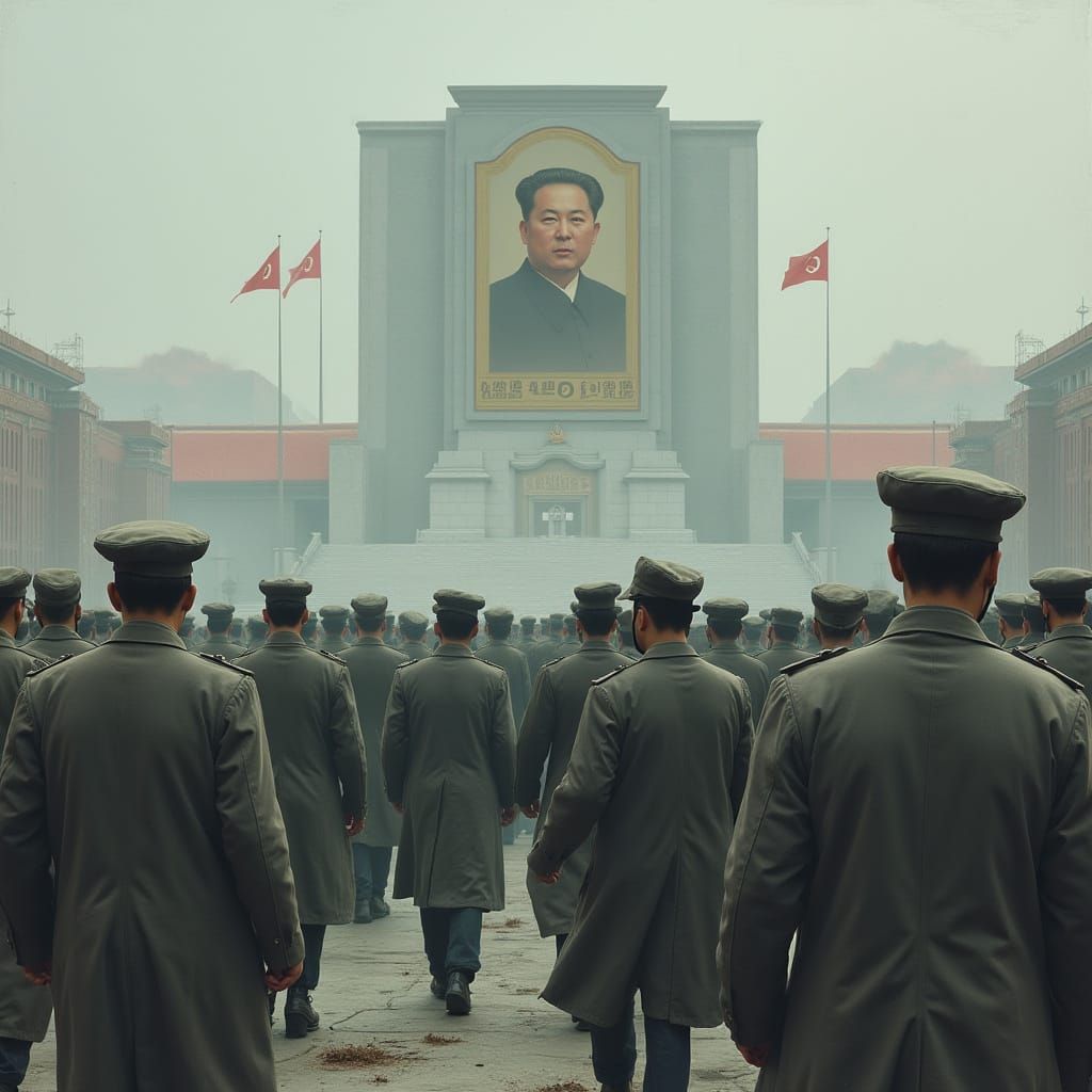 Workers Under the Watchful Eye of the Supreme Leader in Pyon...