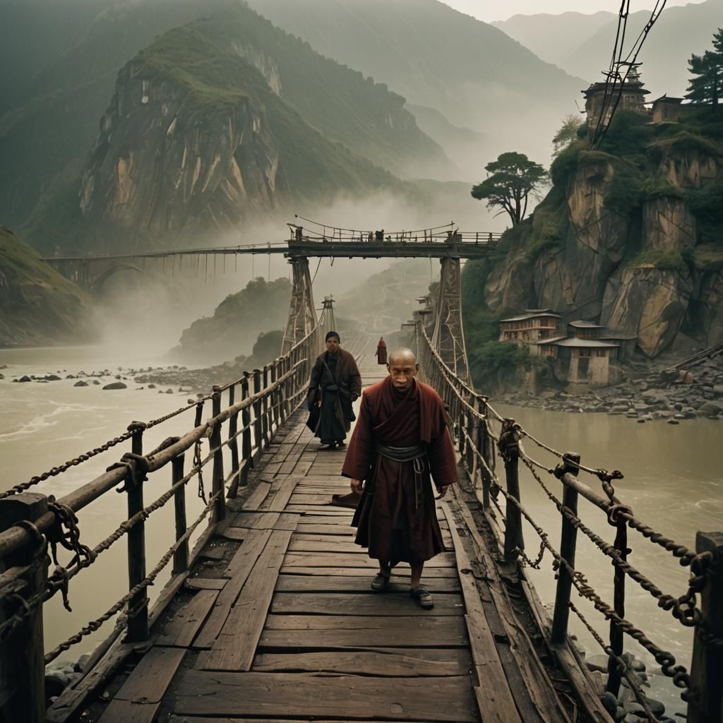 Monk on Windswept Tibetan Suspension Bridge