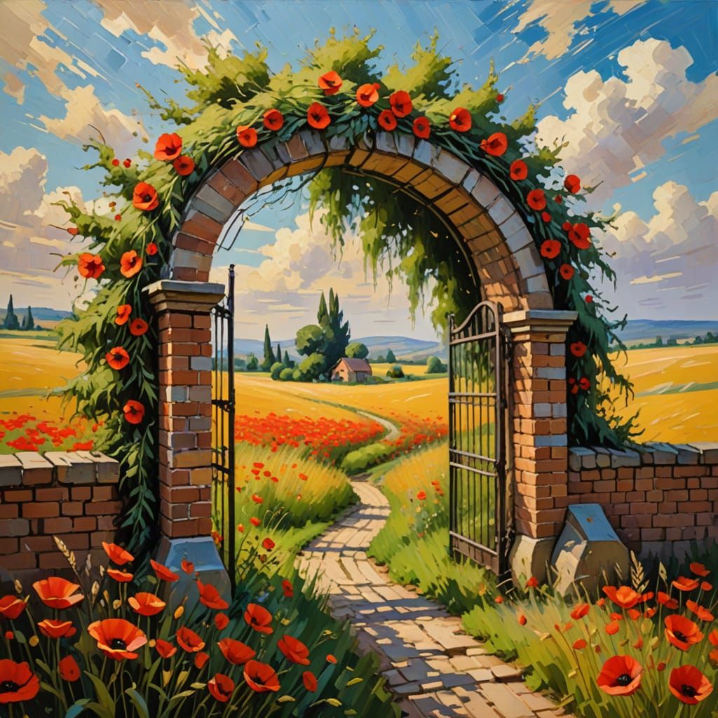 Cypress Tree in Wheat Field: Impressionist Oil Painting