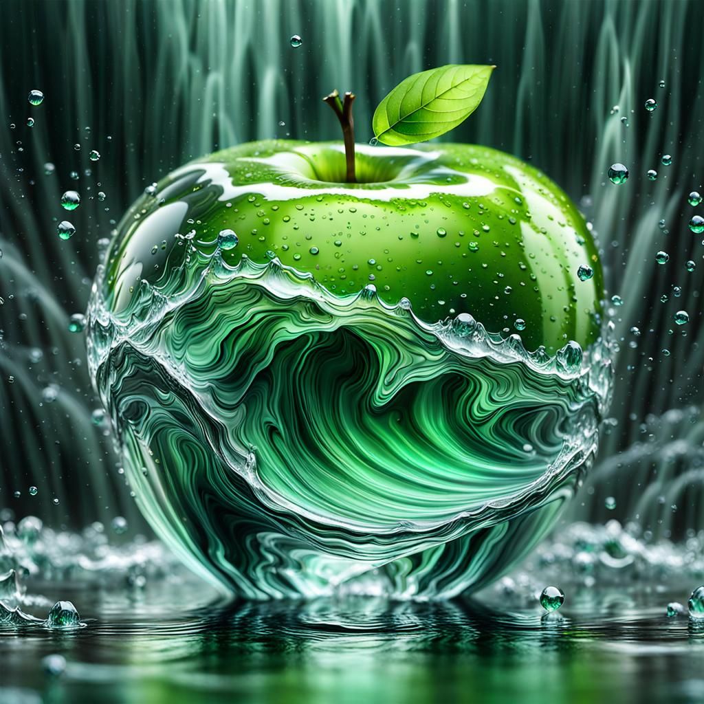 Crystal Apple with Waterfall in 3D Render