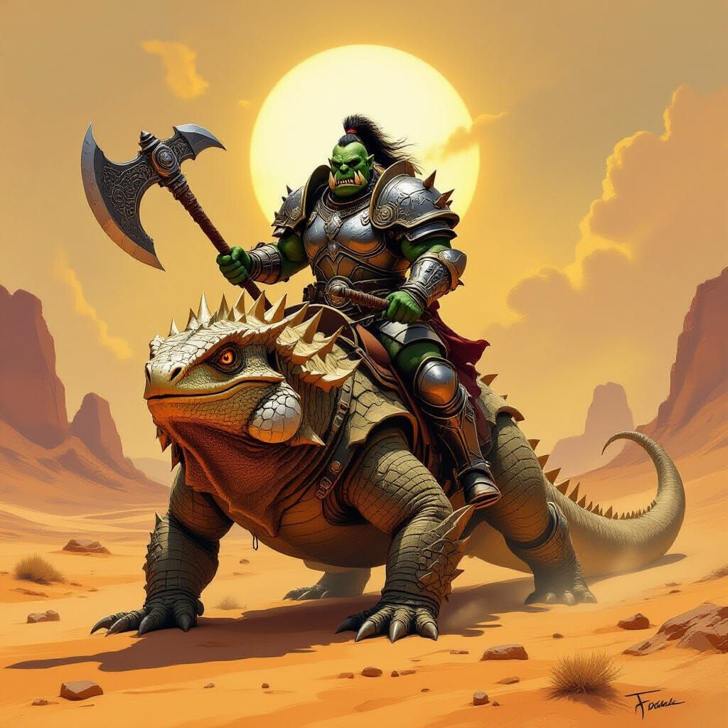 Orc Warrior Rides Giant Frilled Lizard in Arid Desert