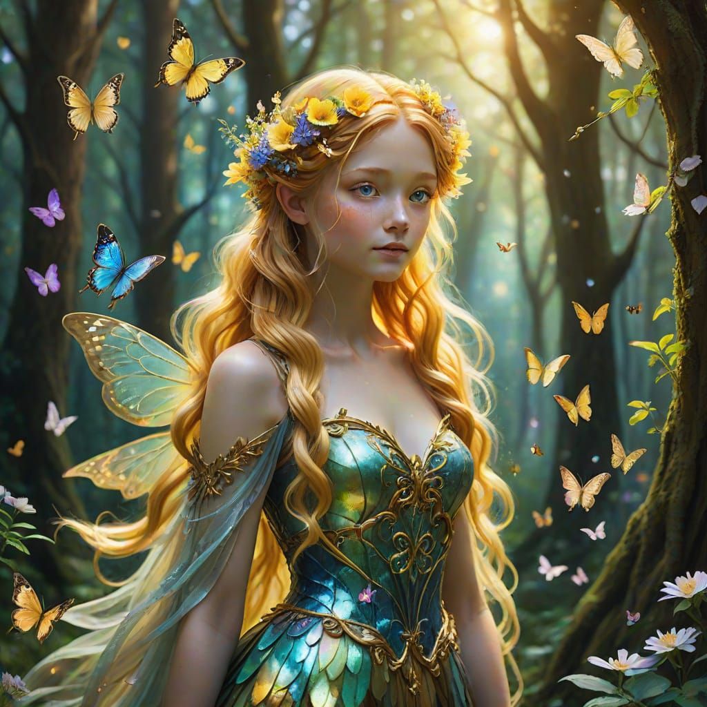 Enchanting Forest Faerie with Butterflies: Fantasy Art
