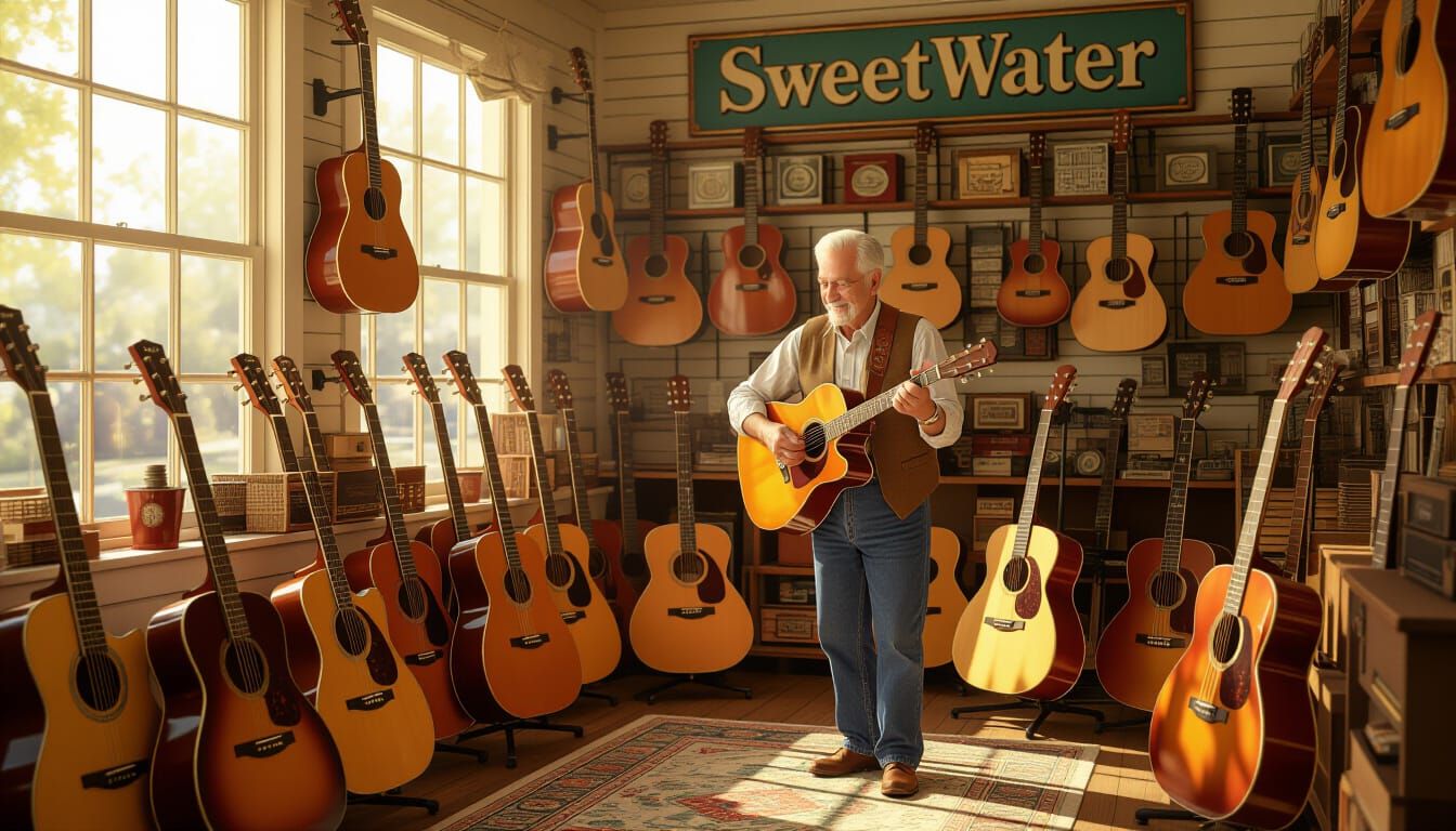 Vintage Music Store Scene in Rockwell Style