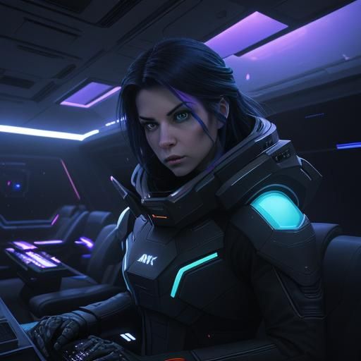 Sci-Fi Spacecraft Interior With Captains in Neon Lighting