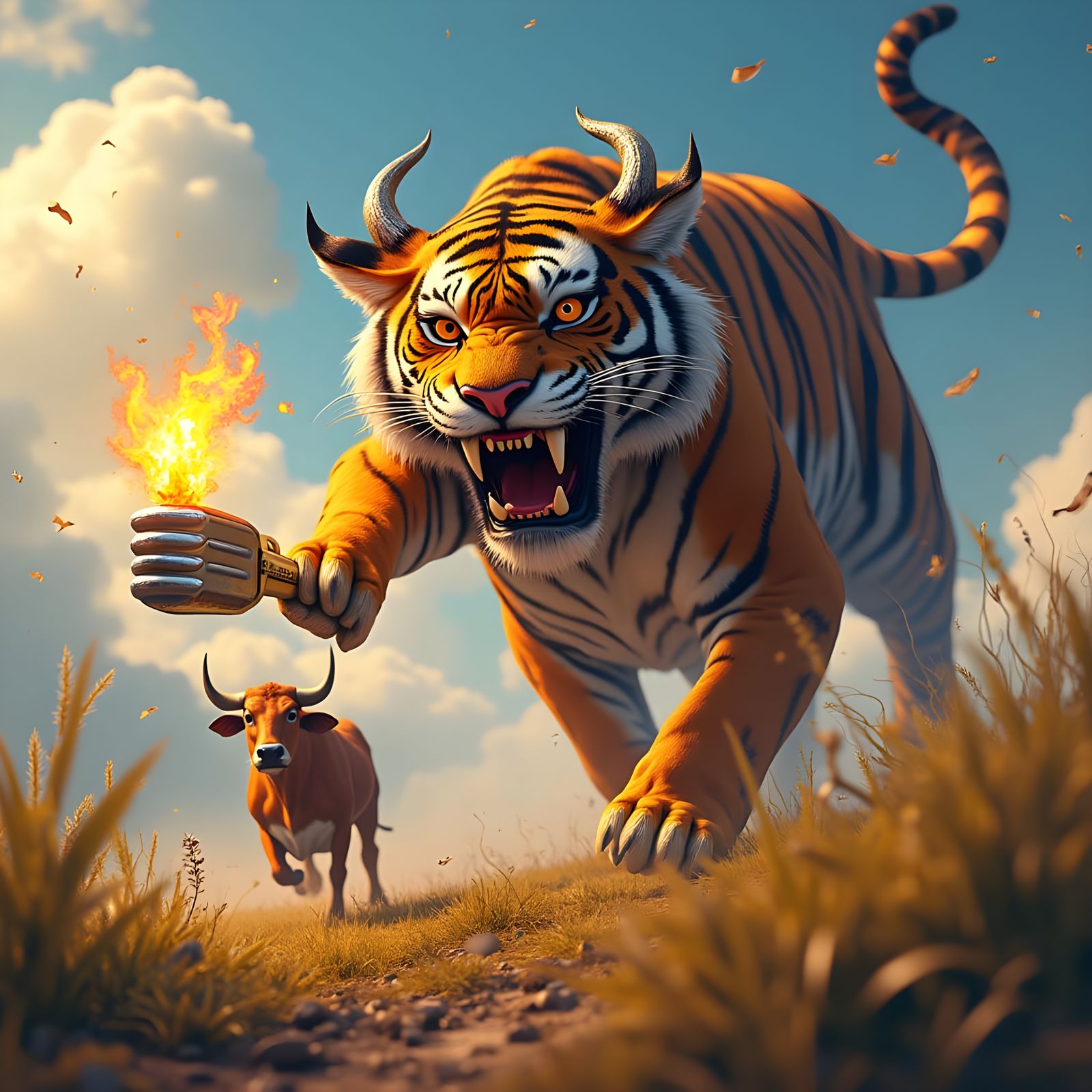 Tiger Chasing Cow with Utensils: Detailed Matte Painting