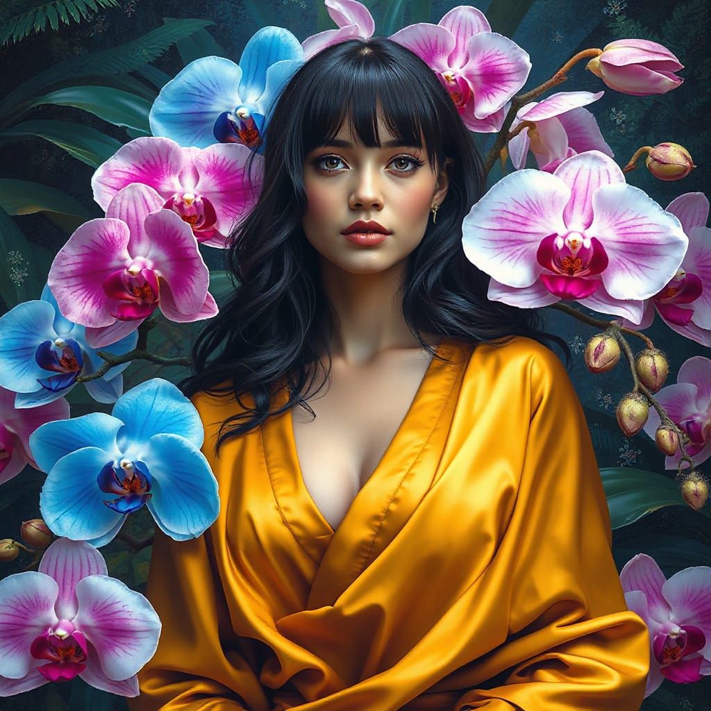 Goddess in Silk Robe Among Glowing Orchids