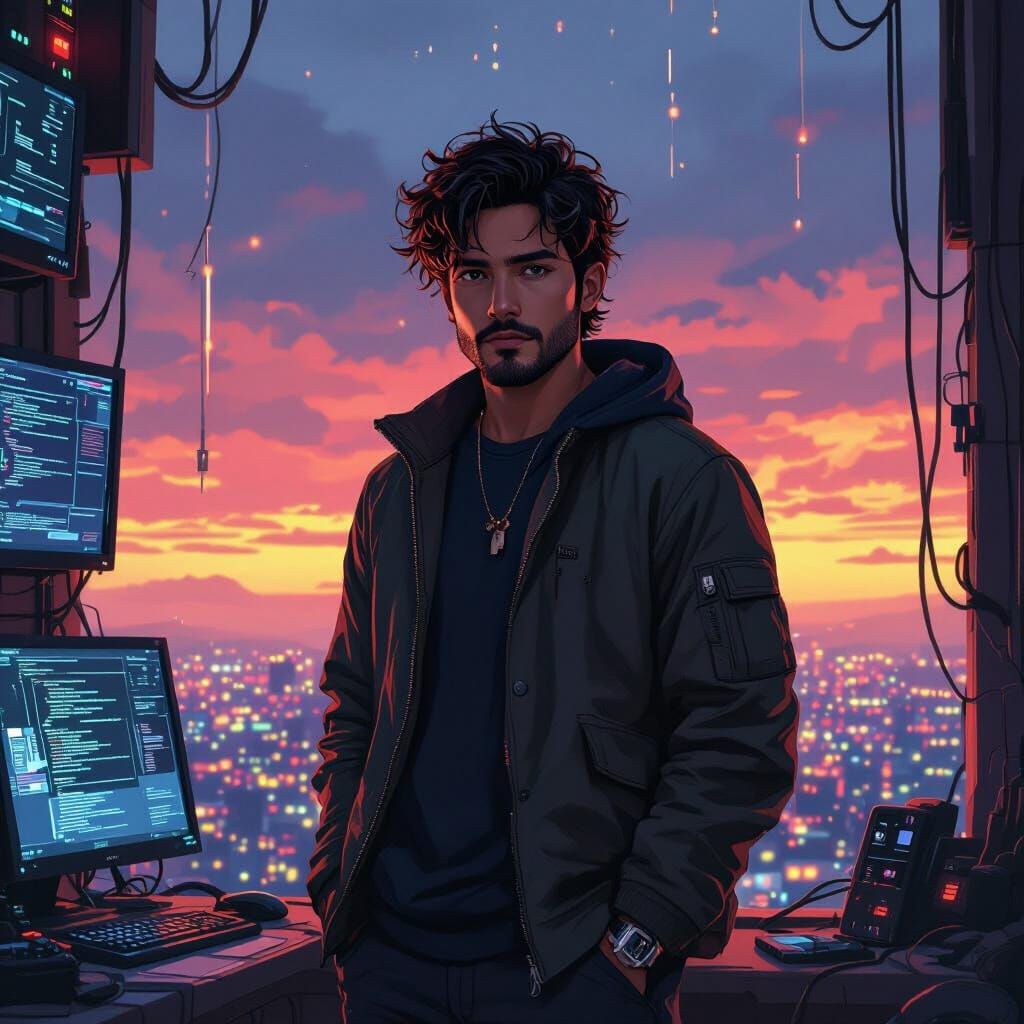 Cyber Hacking in a Dimly Lit Cityscape, Digital Art