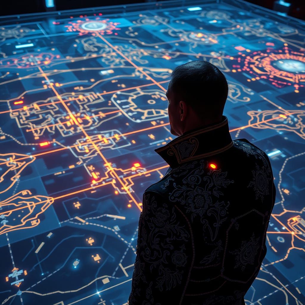 Futuristic Military Strategist in Precisionist Style