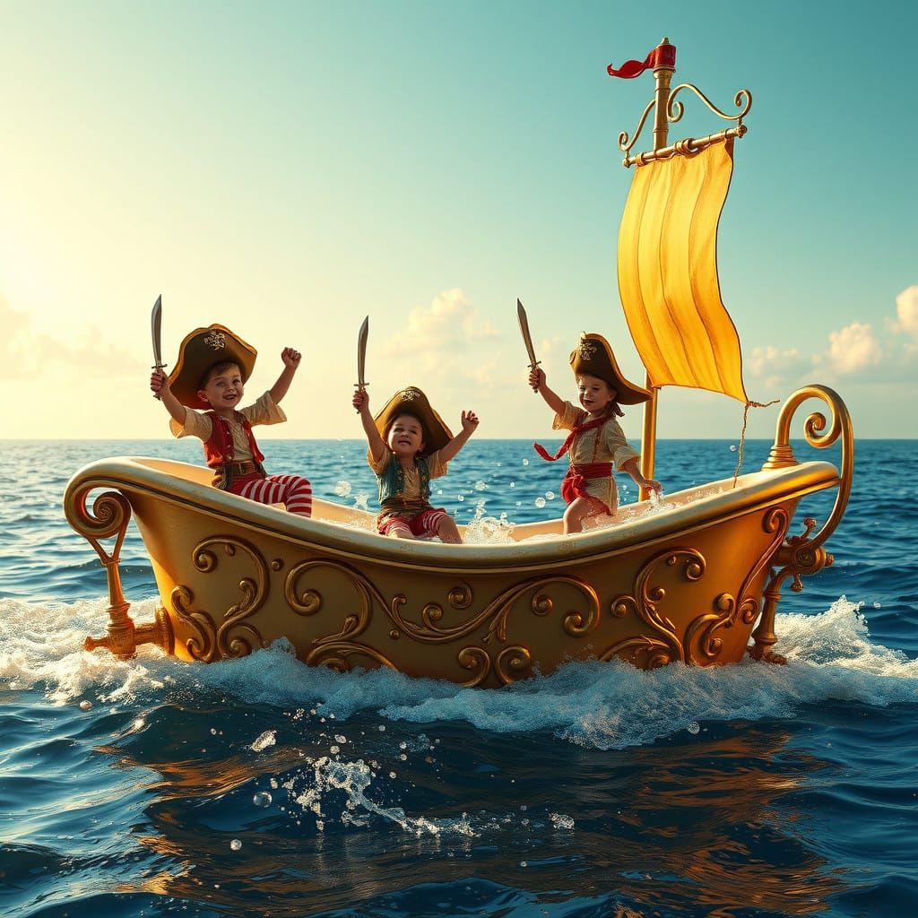 Whimsical Pirate Tub Sails Serenely on the Open Sea