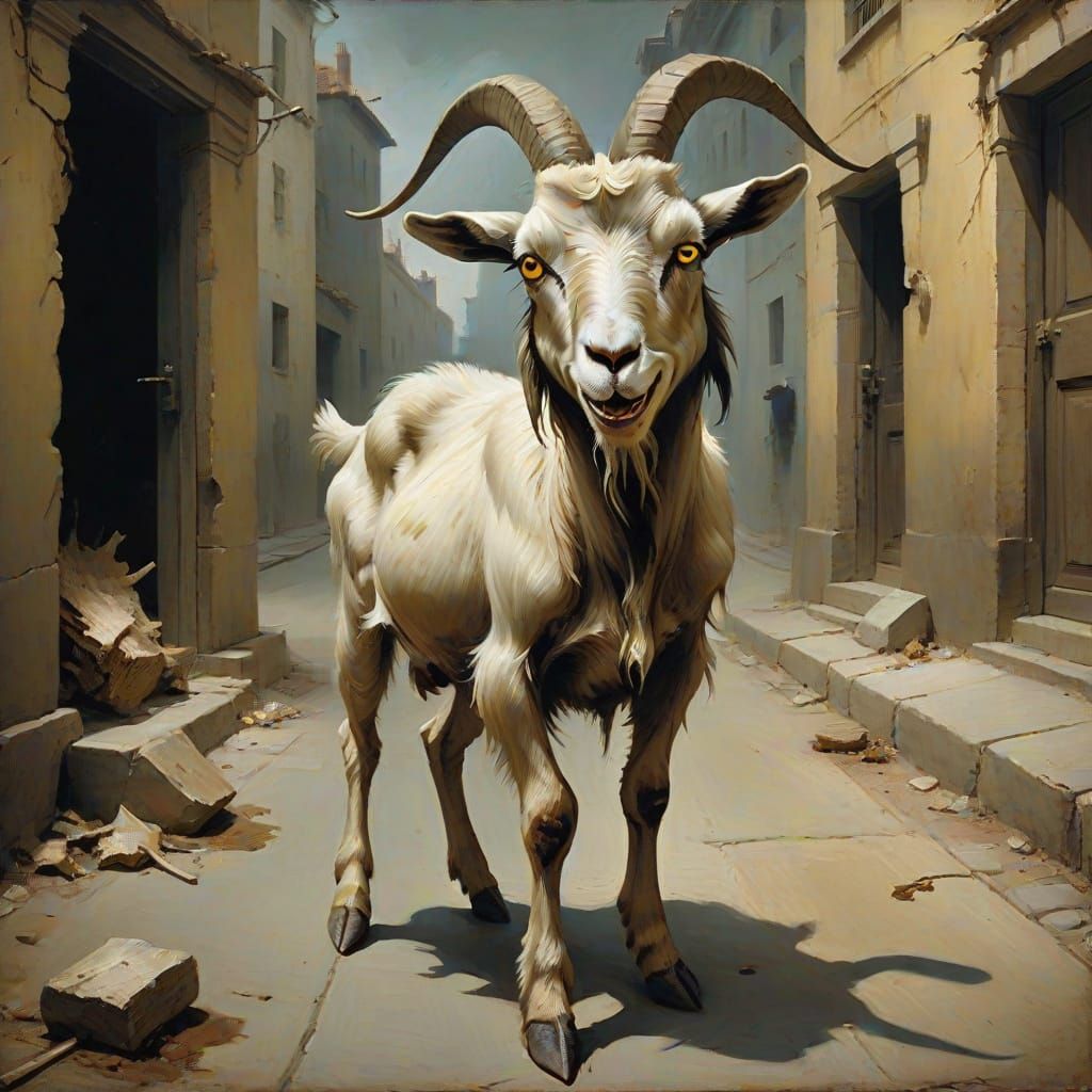 Expressionist Goat Cries 'You Can't Catch Him!' on Street