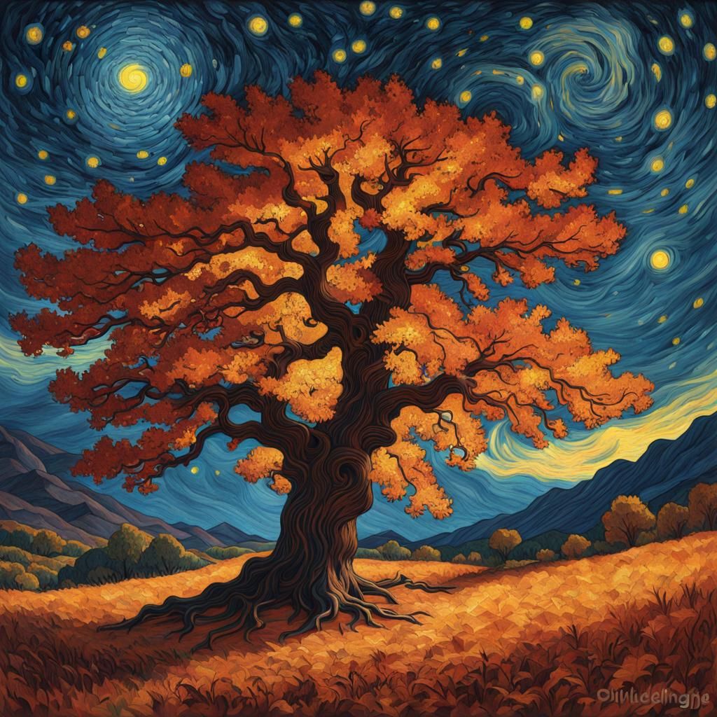 Autumn Oak Tree with Falling Leaves, Gothic Watercolor