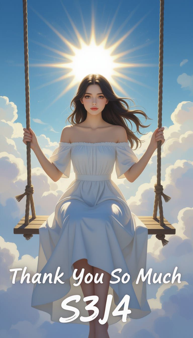 Fantasy Impasto Painting of Woman Swinging Among Clouds