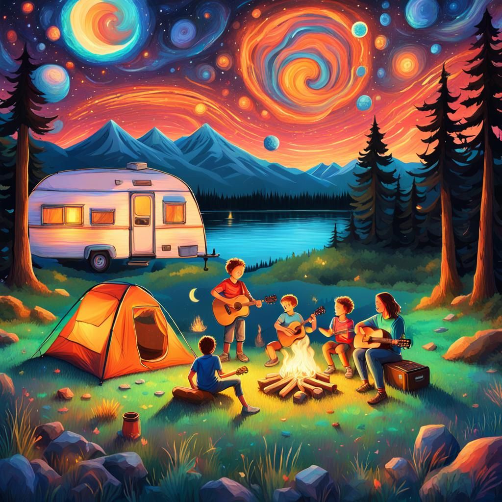 Family Camping Under Starry Sky: Astral Illustration