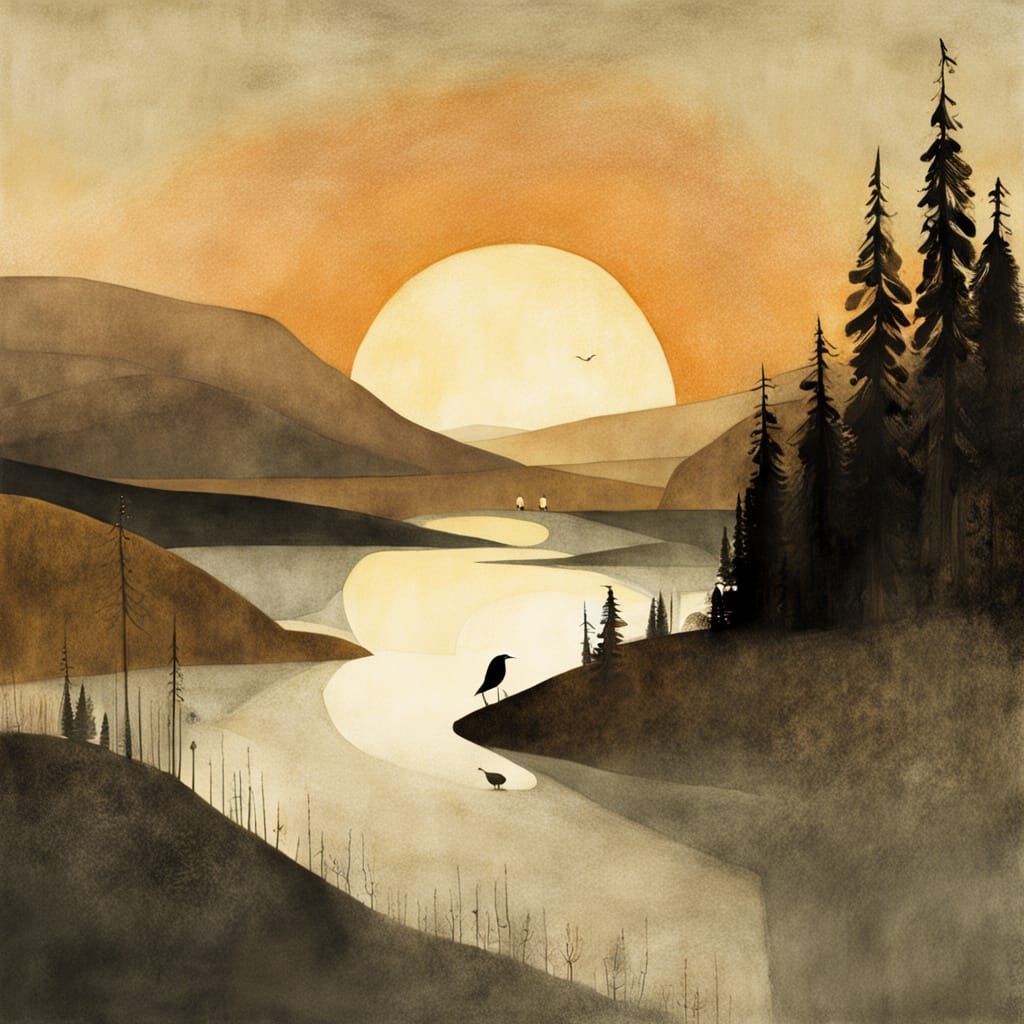 Whimsical Sunrise Landscape in Impressionist Style