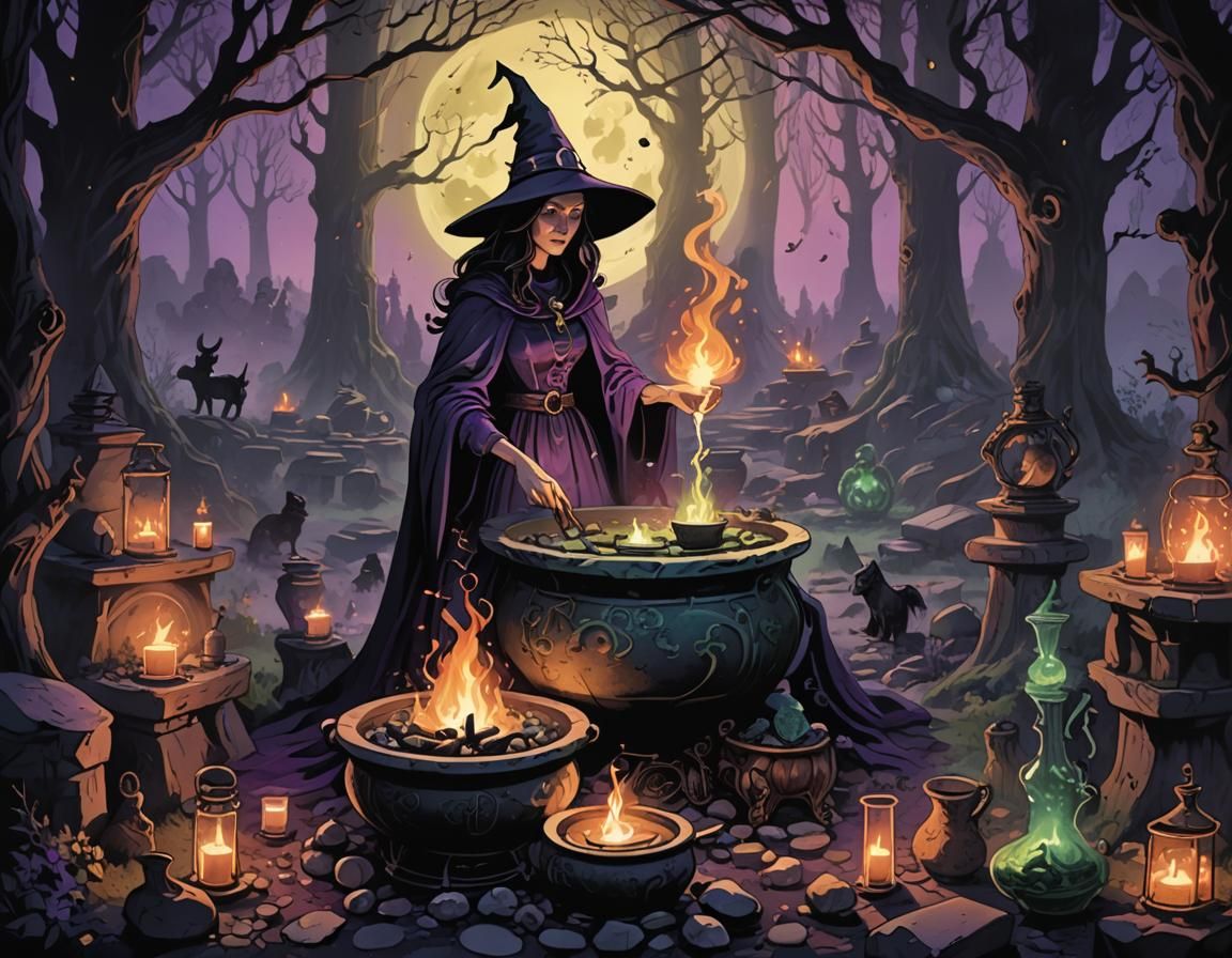 Mystical Witch Stirring Cauldron in Dark Illustration