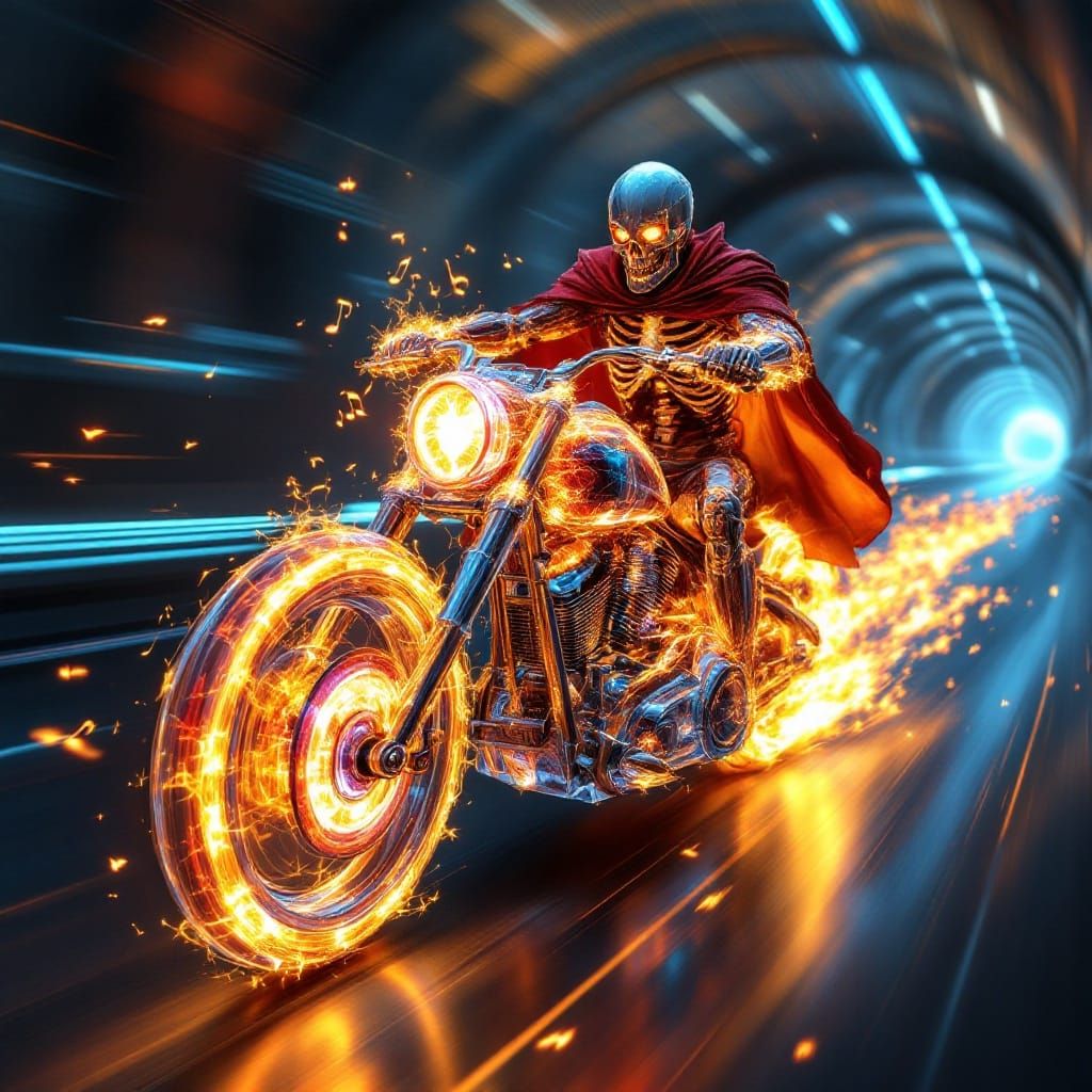 Skeletal Knight Rides Crystal Harley in Neon-Lit Tunnel