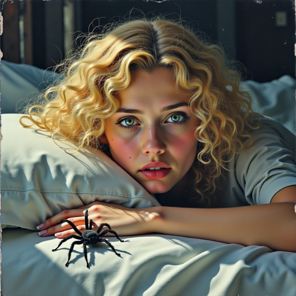 Woman in Shock with Spider, Sinister Art Style
