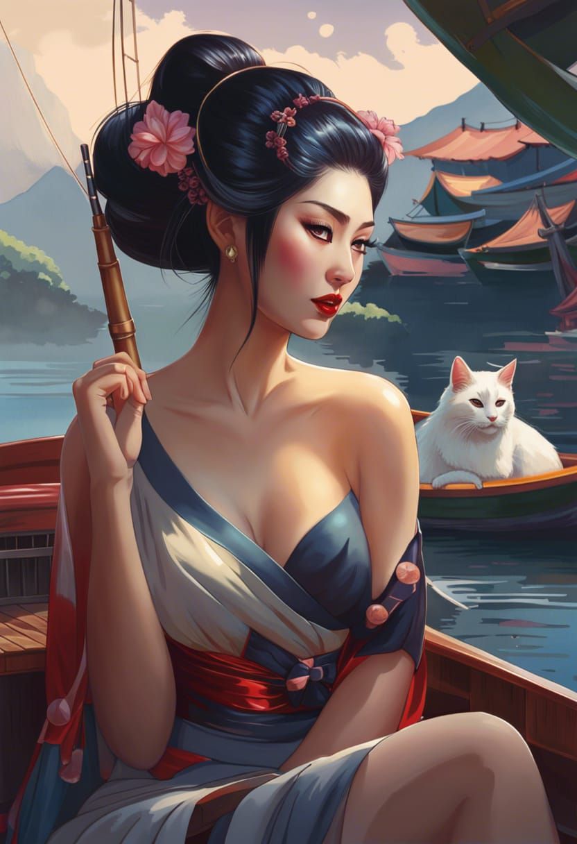 Aoshima Japan , a geisha girl and a cat in a tribute to Cat Island which will only be there a few more years