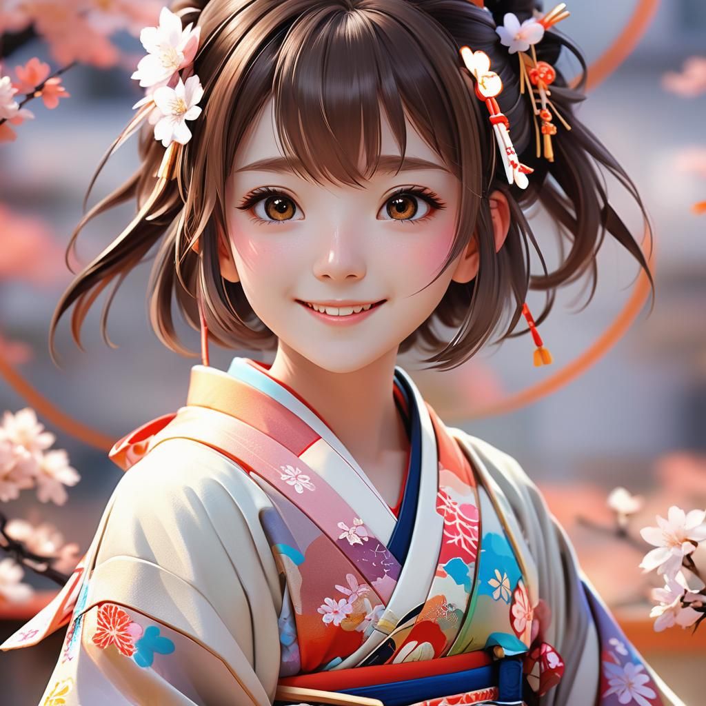 Anime Girl in Kimono with Colored Streaks