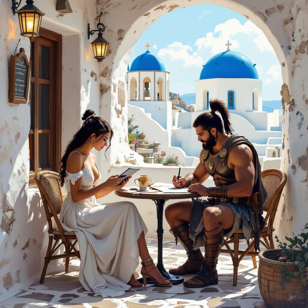 Athena and Ares in Santorini Cafe, Matte Painting Style