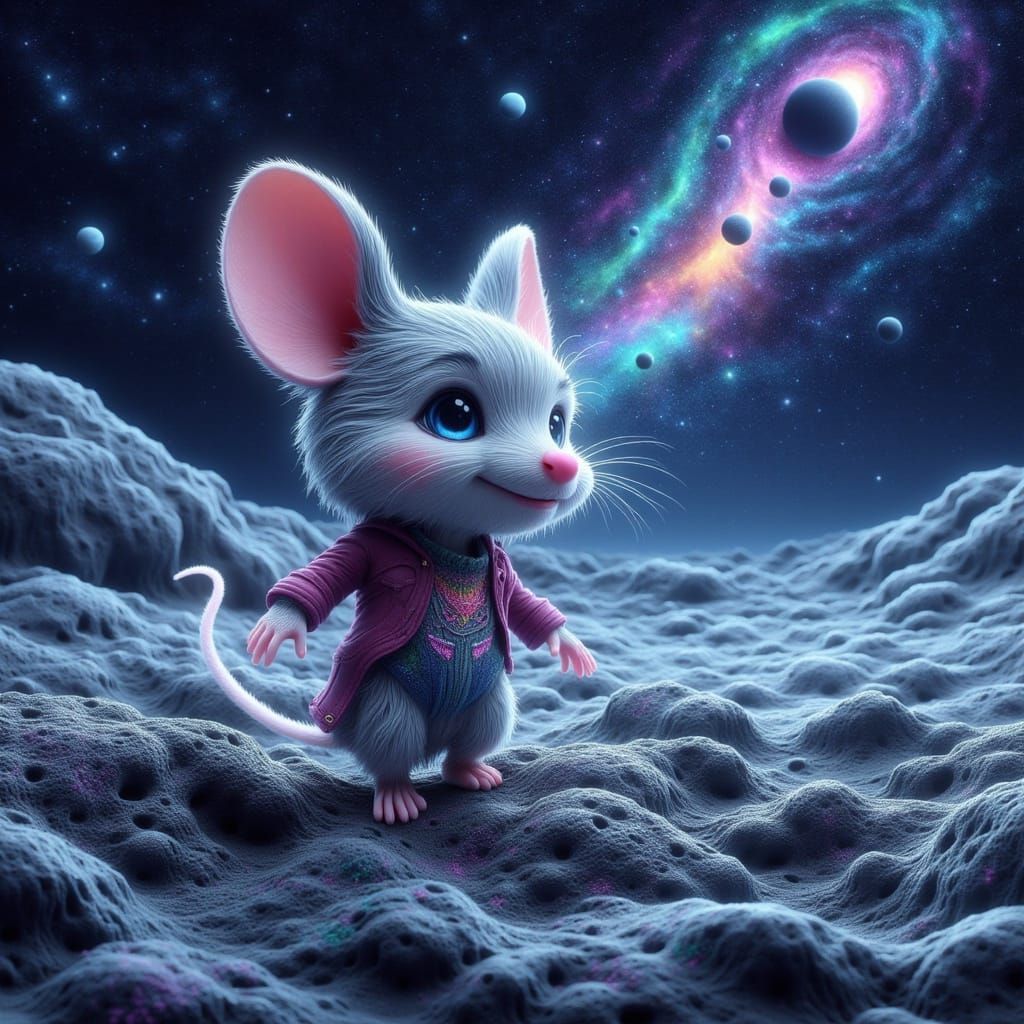 Chibi Mouse on Moon Surface Under Starry Sky