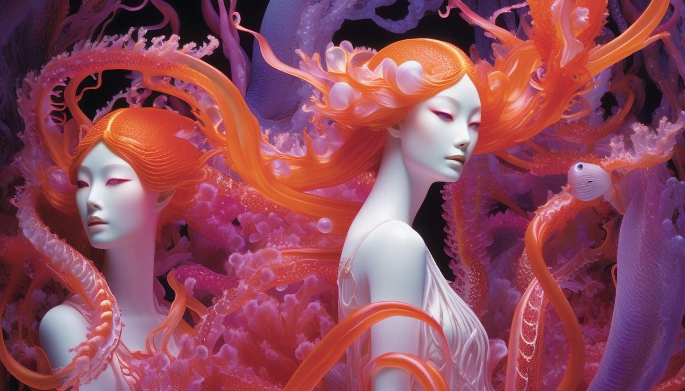 Humanoid Figures in Bioluminescent Alien Landscape