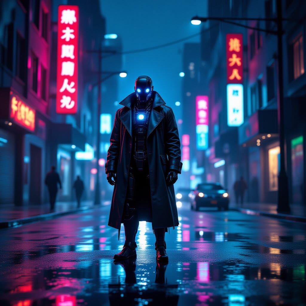 Automaton Detective in Gritty Neo-Noir Cityscape