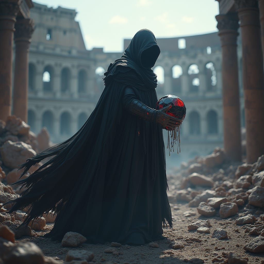 Mysterious Figure in Digital Ruins