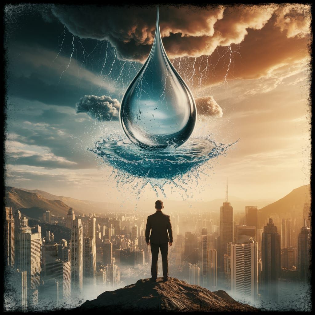 Epic Cityscape with Gigantic Water Droplet and Turbulent Sto...
