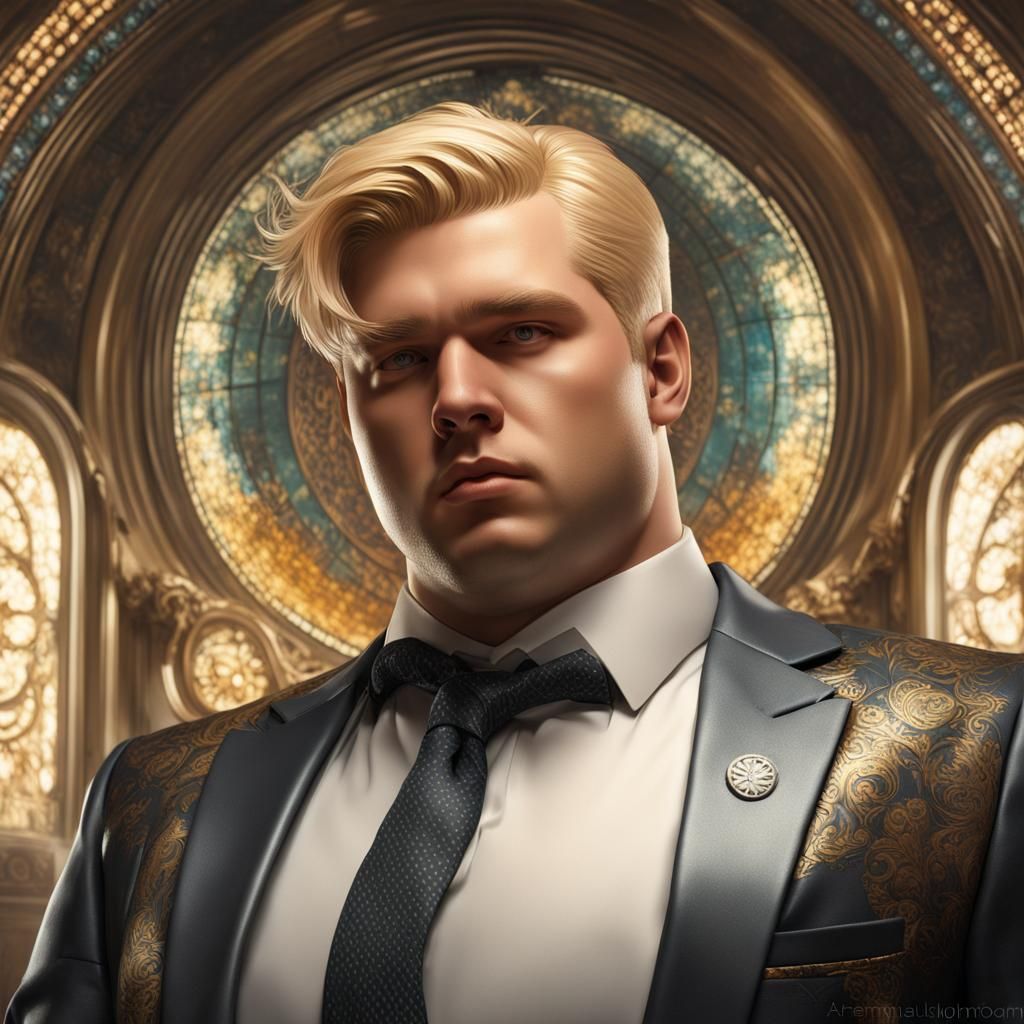 20 year old blond man :: tall chubby tubby plump large strong fat :: suit :: portrait :: highly intricate and hyperdetia...